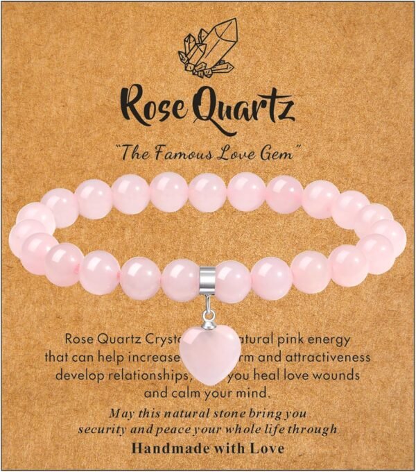 Healing Crystal Bracelet for Women, 8 mm Natural Gemstone Beaded Bracelet, Love Heart Bracelet Jewelry Gifts for Birthday Mothers Day Valentine's Day Anniversary