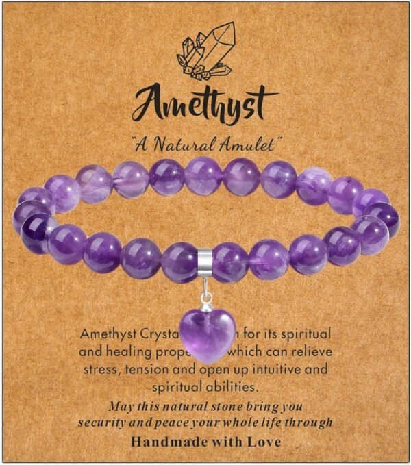 Healing Crystal Bracelet for Women, 8 mm Natural Gemstone Beaded Bracelet, Love Heart Bracelet Jewelry Gifts for Birthday Mothers Day Valentine's Day Anniversary