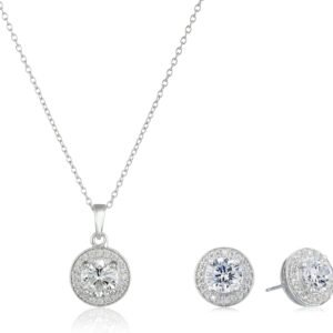 Womens Sterling Silver Cubic Zirconia Halo Pendant Necklace and Stud Earrings Jewelry Set