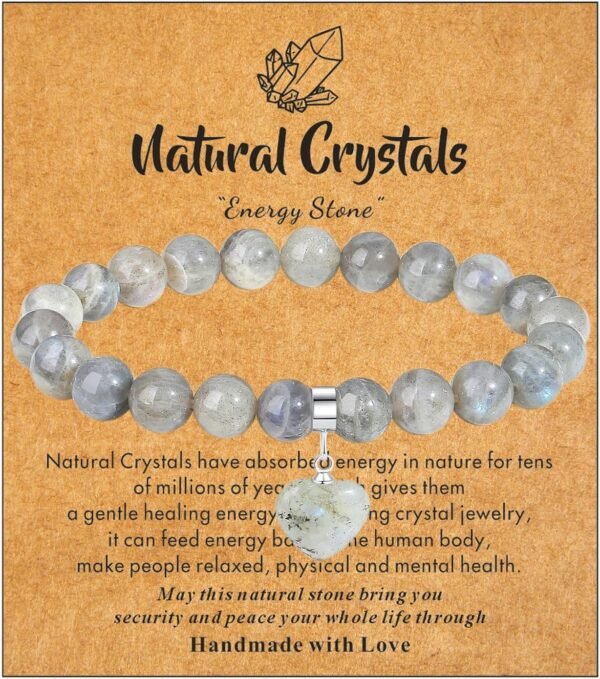 Healing Crystal Bracelet for Women, 8 mm Natural Gemstone Beaded Bracelet, Love Heart Bracelet Jewelry Gifts for Birthday Mothers Day Valentine's Day Anniversary