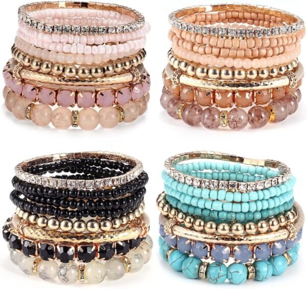 4 Sets Boho Bracelets for Women Multi-Color Layered Stackable Natural Beaded Bracelets Adjustable Stretch Bohemian Bracelets