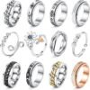 12Pcs Fidget Anxiety Rings for Women Men - Spinner Fidget Rings for Anxiety Relieving Stress Flower Moon Star Stainless Steel Rings Adjustable Size 6