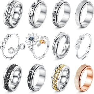 91e09INWXSL._AC_SL1500 12Pcs Fidget Anxiety Rings for Women Men - Spinner Fidget Rings for Anxiety Relieving Stress Flower Moon Star Stainless Steel Rings Adjustable Size 6