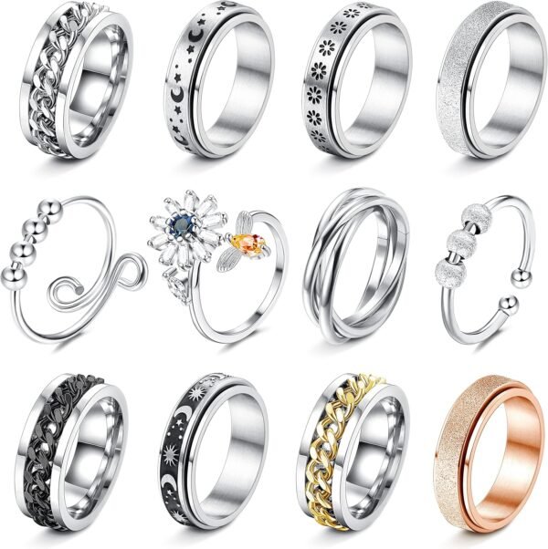 12Pcs Fidget Anxiety Rings for Women Men - Spinner Fidget Rings for Anxiety Relieving Stress Flower Moon Star Stainless Steel Rings Adjustable Size 6